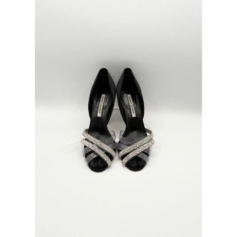 Manolo Blahnik Black Satin & Rhinestone Cross Strap Heels Size EU 38.5